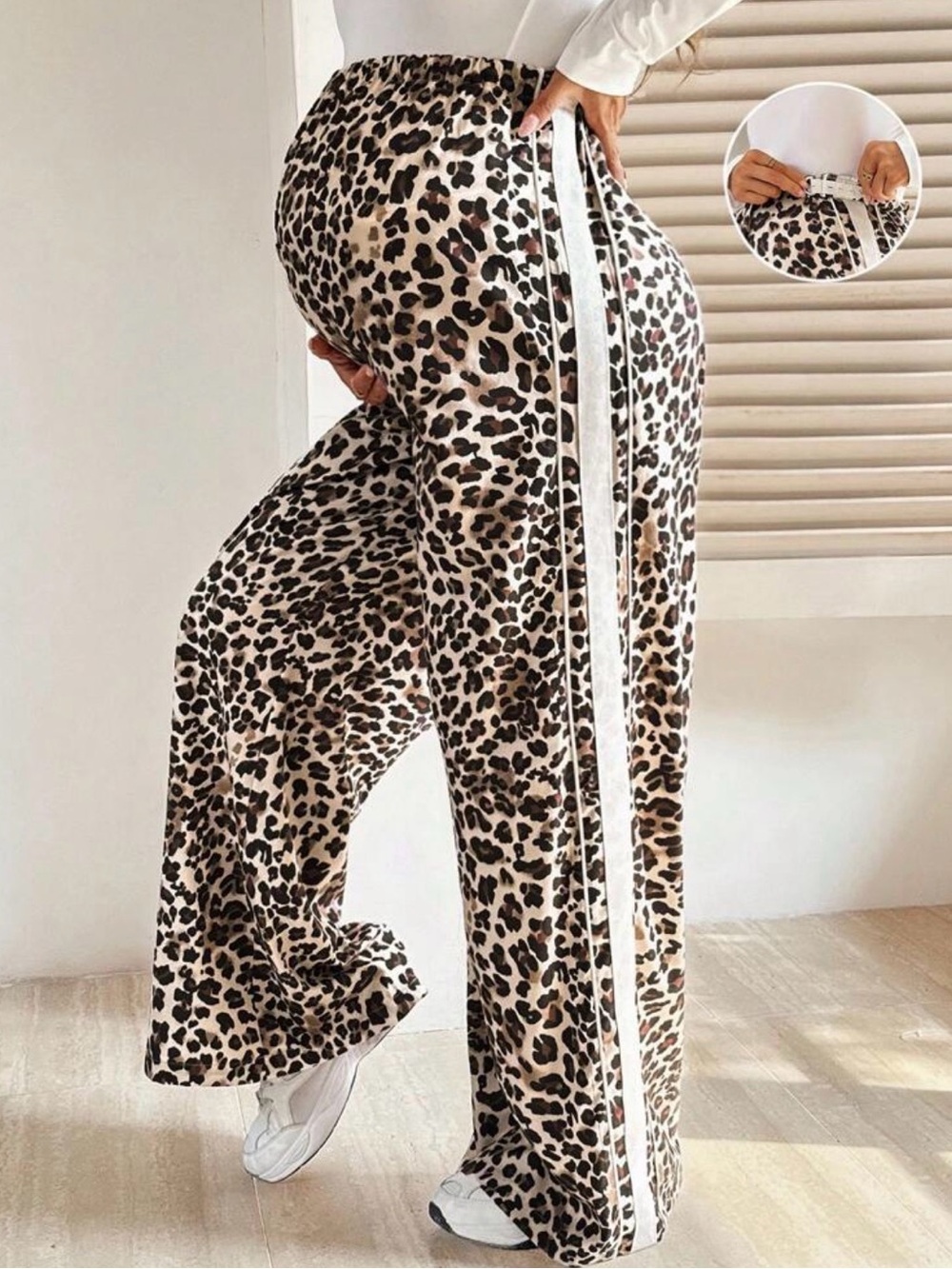 Leopard Print Maternity Wide-Leg Pants with Side Stripe